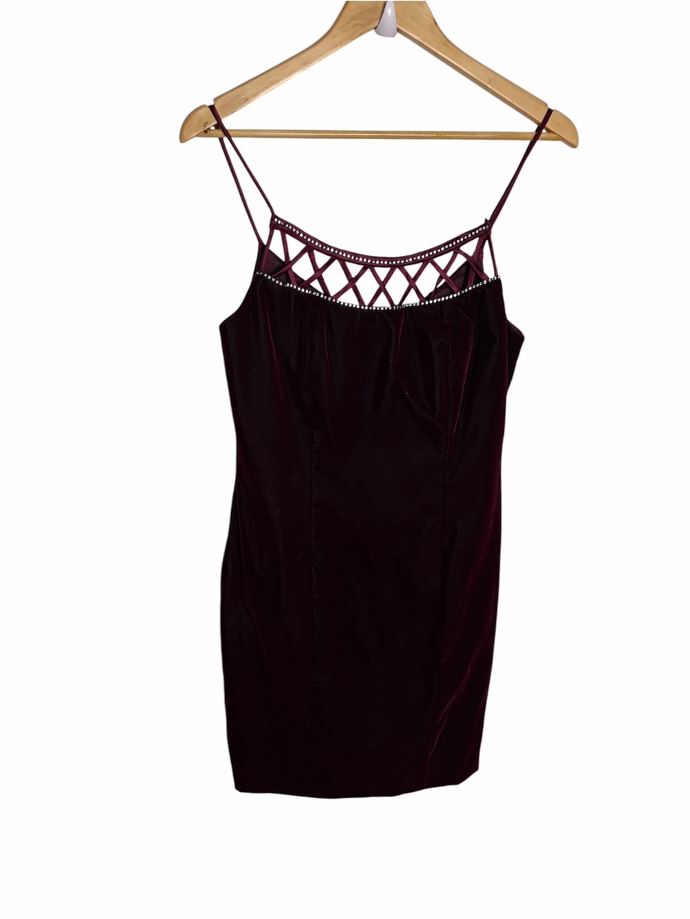 Vintage 80s/90s dark red velvet rhinestone cutout mini dress size 7-8
